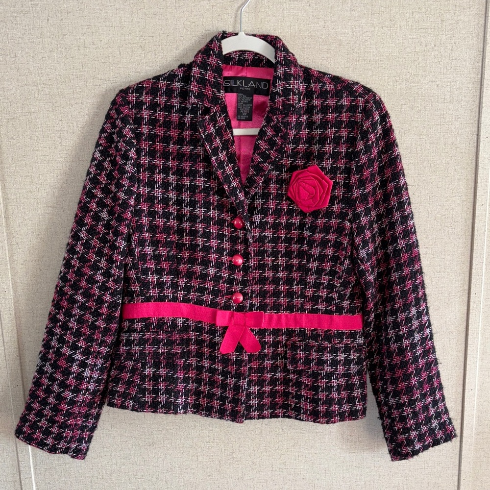SilkLand Silk Blend Tweed Blazer Pink Black Ribbon Waist Bow Coquette Chic 10P
